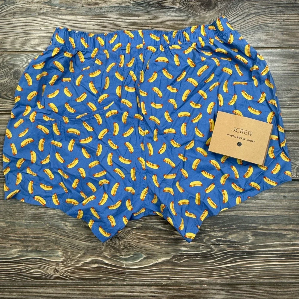 J.Crew Mens L Woven Boxer Short Blue Hot Dog Print Novelty Cotton NWT